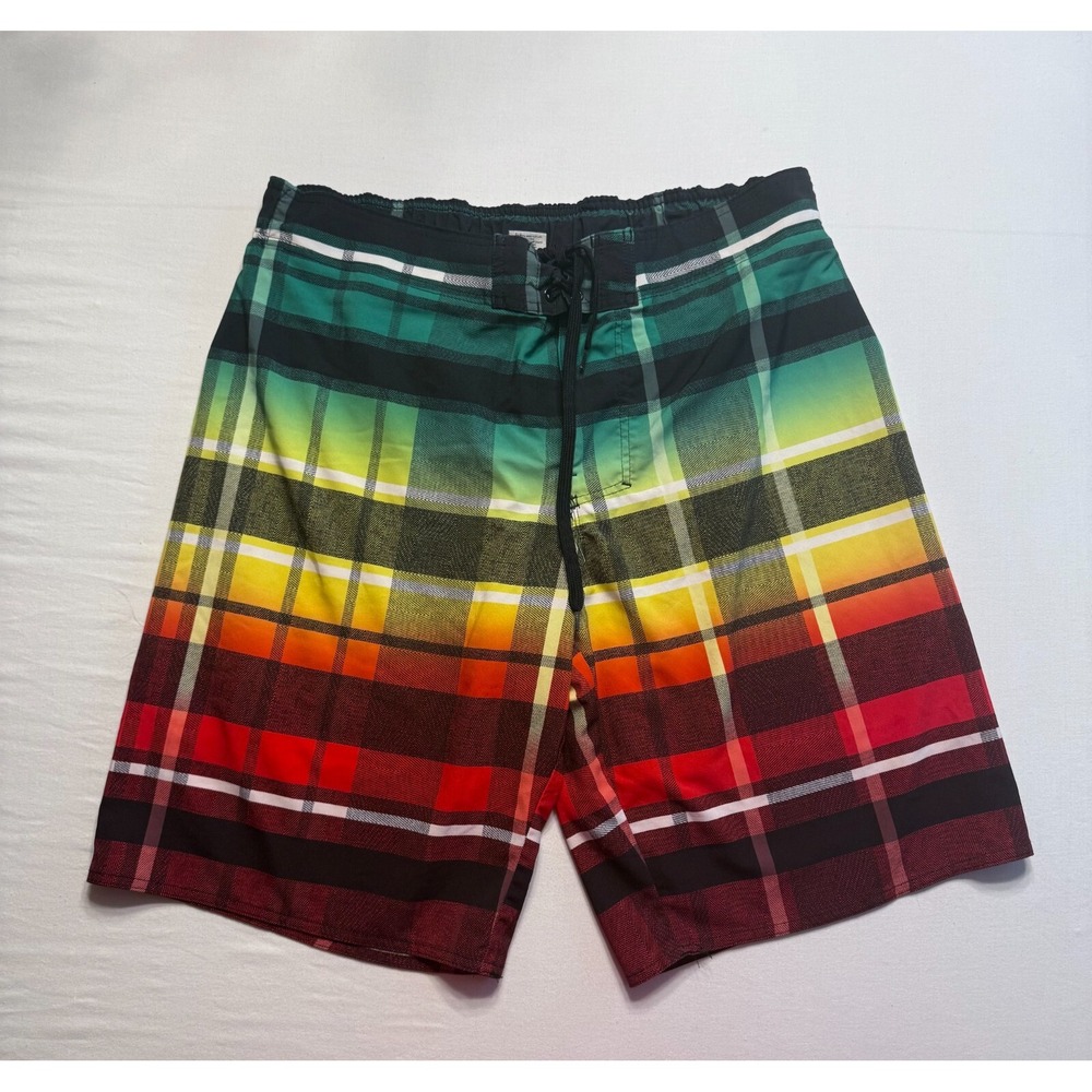 Hang Ten Board Shorts Mens XL Rasta Plaid Red Green‎ Yellow Surf Swimwear